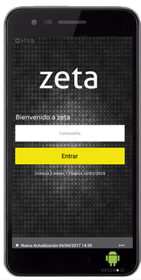 Pantalla de entrade en la aplicación Zeta